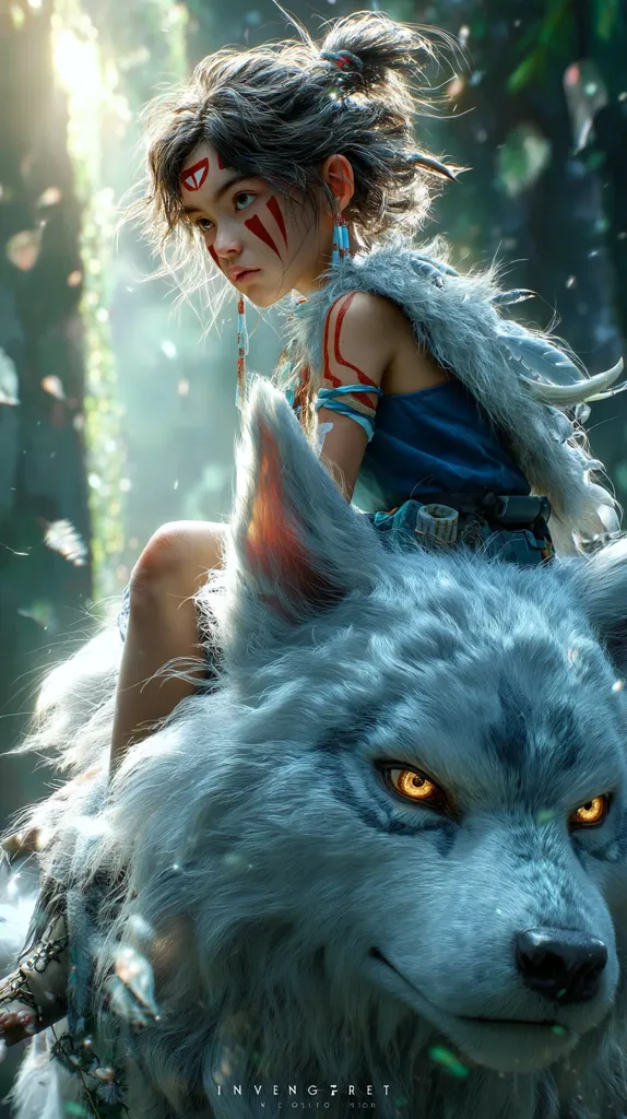 A young girl with tribal markings sits atop a large, majestic wolf in a sun-dappled forest.  She wears a simple, dark blue garment and ornate jewelry. The wolf's fur is a striking bluish-white, and its amber eyes glow intensely.  The scene evokes a mystical, fantasy atmosphere, hinting at a deep connection between the girl and her wolf companion.  Floating particles add to the ethereal quality of the image.