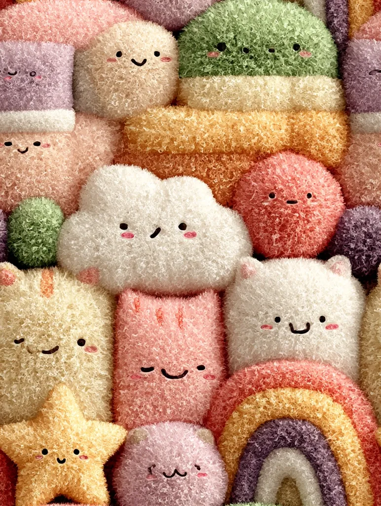 A charming collection of fluffy, pastel-colored characters.  Smiling clouds, cats, stars, and rainbows are nestled together, creating a whimsical and adorable scene.  Each character boasts a simple, happy face, contributing to the overall sweet and joyful aesthetic. The soft, textured appearance enhances the cuddly quality of the image.