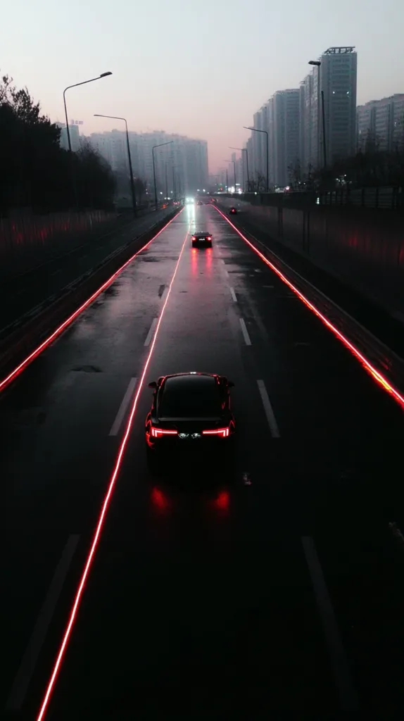 A dark, atmospheric image shows three cars driving on a highway at dusk or dawn.  Bright red lines illuminate the road's center, creating a striking contrast against the dark asphalt and city skyline in the background. The overall mood is sleek, futuristic, and slightly ominous.  The cars' taillights glow, adding to the dramatic effect.