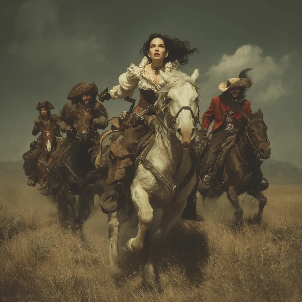 A striking woman in a corset and ruffled blouse leads a pack of three horseback riders across a dry, grassy plain.  She rides a white horse, while her companions, two men and a woman, are mounted on darker steeds.  The group appears to be fleeing or pursuing something, creating a sense of urgency and adventure in the dramatic scene. The muted color palette and atmospheric setting heighten the overall mood.