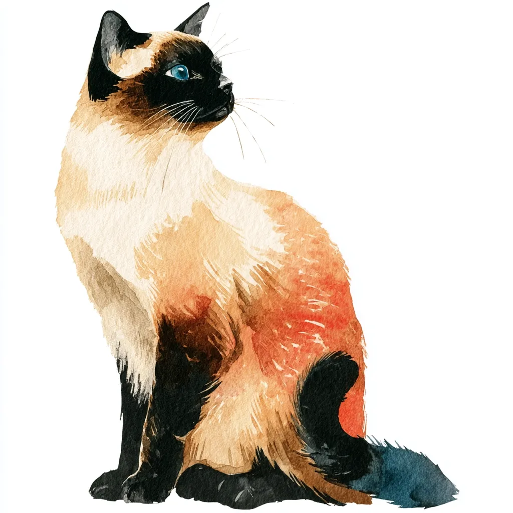 A watercolor painting depicts a Siamese cat in a seated position.  The cat is rendered with delicate washes of light beige, brown, and darker shades on its points. Its striking blue eyes and elegant posture are emphasized. The background is pure white, allowing the cat's coloration to stand out. The style is realistic yet soft, highlighting the cat's graceful form.