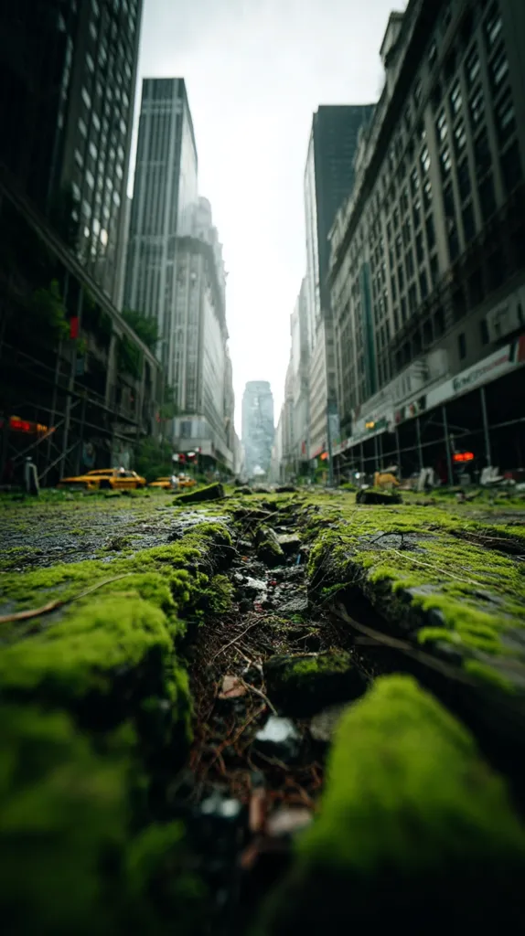 A city street, possibly New York, is overtaken by vibrant green moss.  Tall buildings line the street, creating a dramatic perspective. The moss covers the road, suggesting abandonment or a post-apocalyptic scene.  The contrast between the urban architecture and the flourishing nature creates a striking visual.  A few abandoned vehicles are partially visible in the background.