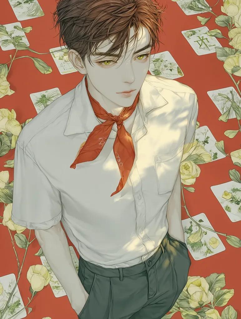 An illustration of a young man with short brown hair, wearing a white short-sleeved shirt and dark green trousers. A red neckerchief is loosely tied around his neck. He has pale skin and expressive eyes. The background features a red surface adorned with delicate floral designs and cards, creating a soft, artistic ambiance. The overall style is reminiscent of anime or manga, with a focus on soft lines and subtle shading.