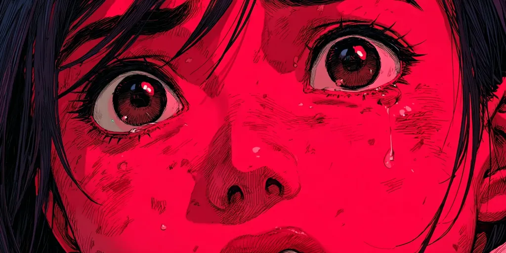 A close-up illustration depicts a young woman's face, rendered in vibrant crimson hues.  Tears stream down her cheeks, emphasizing her wide, expressive eyes filled with fear or distress. The style is reminiscent of graphic novels or anime, with sharp lines and dramatic shading.  The overall mood is intense and emotionally charged.