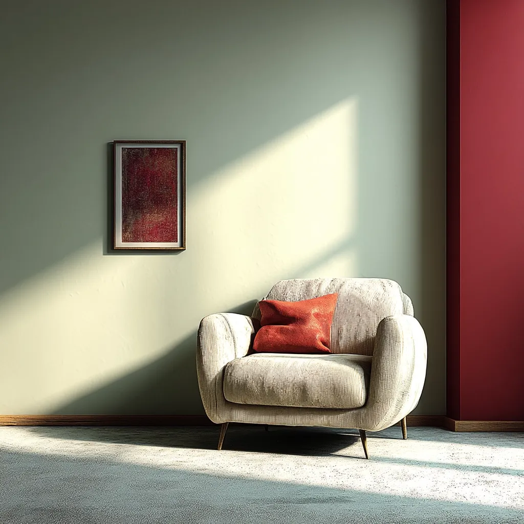 A sunlit room features a cream-colored corduroy armchair with a burnt orange pillow.  A framed abstract painting in deep reds hangs on a pale green wall, contrasted by a section of deep red wall.  The floor is a light gray carpet, and the overall style is minimalist and serene.  Natural light streams in, casting shadows across the room.