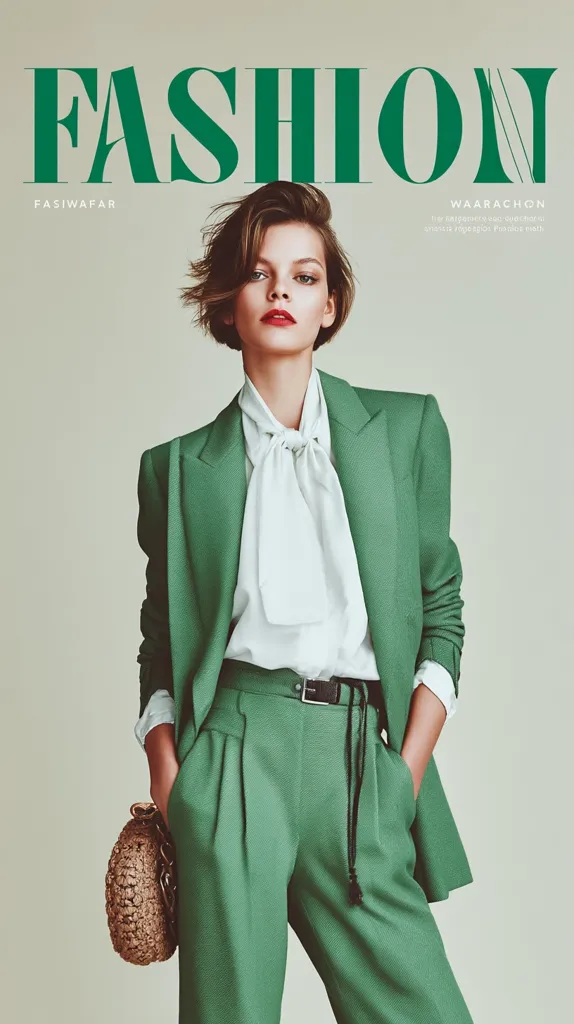 A fashion magazine cover featuring a woman in a stylish emerald green pantsuit.  She sports a crisp white shirt with a bow tie, accessorized with a woven handbag and a thin black belt. Her short, textured bob hairstyle complements the sophisticated look. The magazine's title, "FASHION," is prominently displayed in a bold, dark green font. The overall aesthetic is chic and modern.