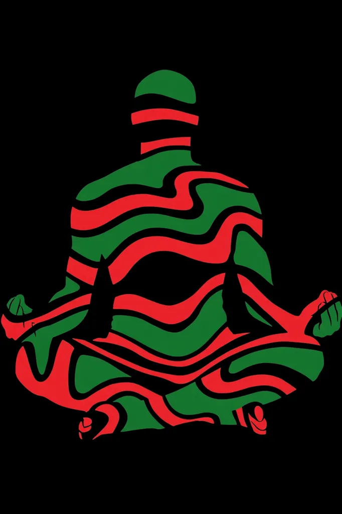 A stylized figure sits in a meditative pose, its body filled with swirling patterns of red and green. The colors evoke the Pan-African flag, symbolizing Black liberation and pride. The design is bold and graphic, with strong lines and shapes.  The figure's face is obscured, focusing attention on the posture and the vibrant color scheme.  The black background enhances the image's impact.