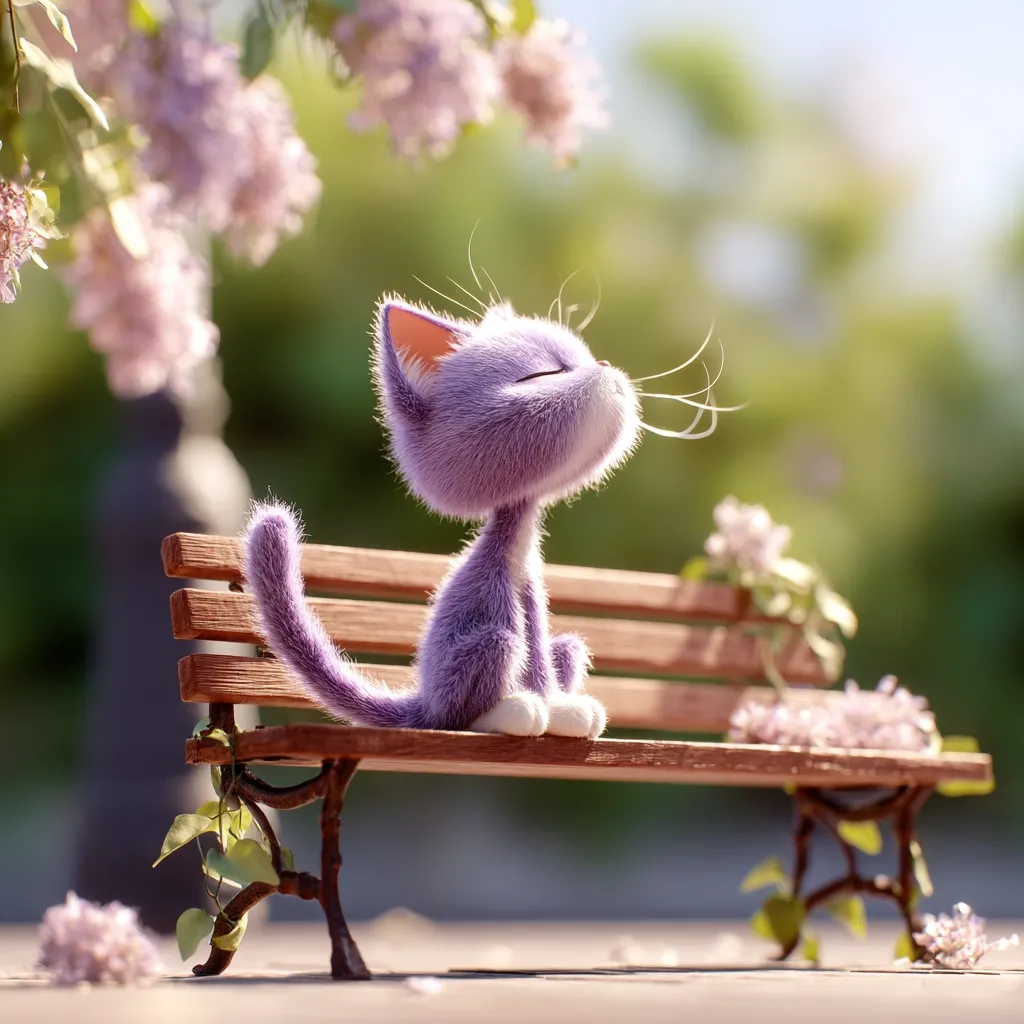 A fluffy, purple kitten sits contentedly on a wooden park bench, eyes closed, basking in the warm sunlight.  Lilac blossoms cascade from a nearby tree, creating a peaceful, idyllic scene. The 3D-rendered image evokes a sense of calm and tranquility in a vibrant spring setting.  The kitten's relaxed posture suggests pure contentment.