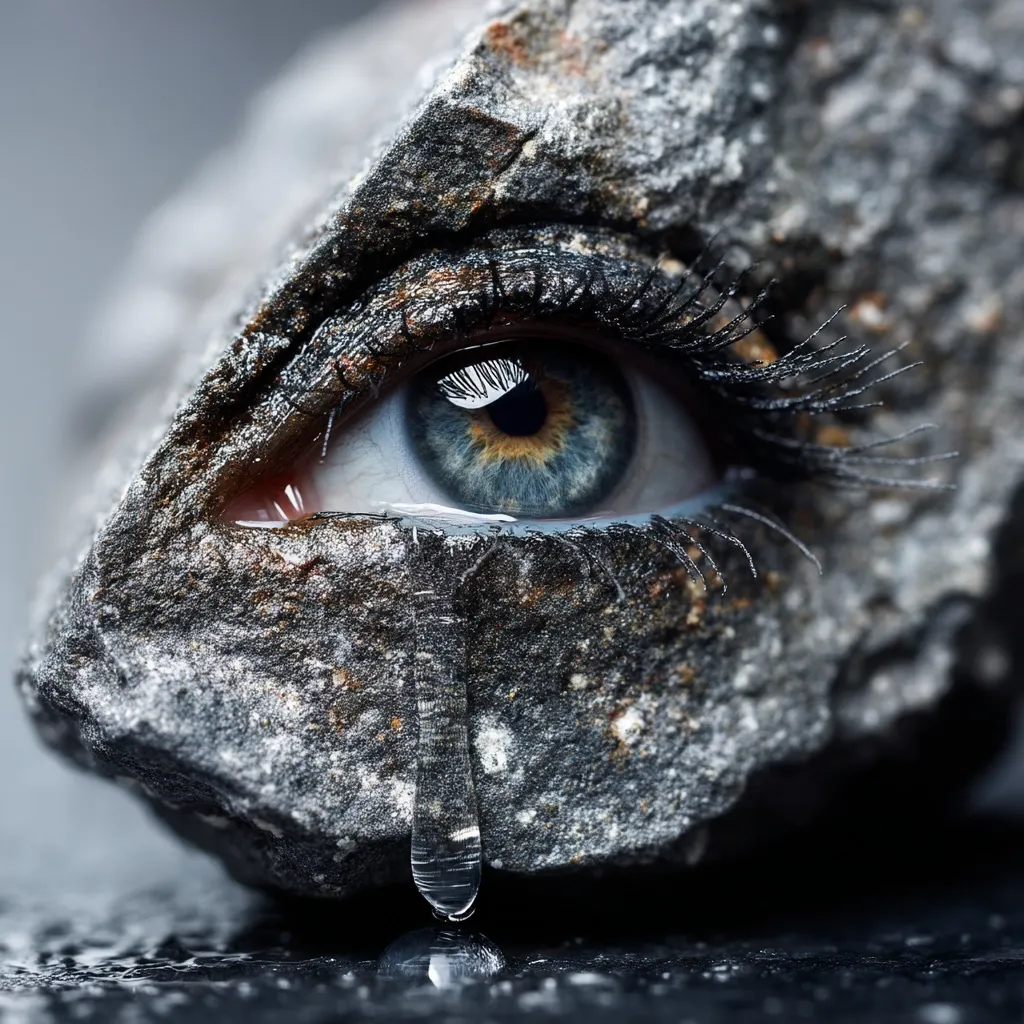 A close-up reveals a striking image: a human eye, seemingly embedded within a rough, grey stone, with a single tear tracing a path down its cheek. The eye, with its intricate details and expressive gaze, contrasts sharply with the stone's rugged texture. The tear, perfectly formed and glistening, emphasizes the emotional intensity of the scene, creating a powerful visual metaphor.