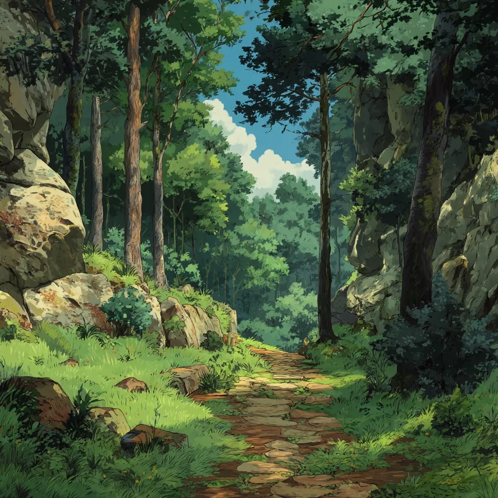 A stone path winds through a lush, sun-dappled forest. Tall trees flank the path, their leaves a vibrant green, creating a canopy overhead.  Large rocks and patches of grass border the pathway, adding to the natural, idyllic setting. The scene is peaceful and evokes a sense of tranquility and adventure.  A bright blue sky peeks through the trees, adding depth to the image.