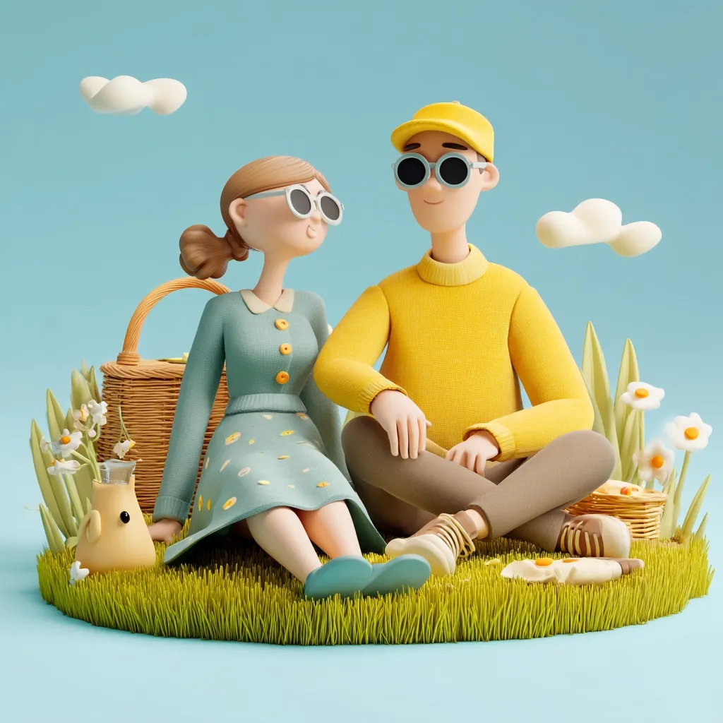 A charming 3D rendering depicts a couple enjoying a picnic.  The woman, in a teal dress, and the man, in a yellow sweater, sit on a grassy patch, surrounded by daisies and fluffy clouds. They wear matching sunglasses, adding to their cheerful disposition. A wicker picnic basket and food items are nearby, creating a serene and idyllic scene.  The overall style is playful and cute.
