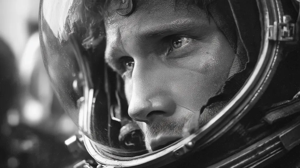 A black and white close-up shot captures the face of a man inside a space helmet.  His expression is serious, almost pensive, his gaze directed slightly to his right. The helmet's visor reflects a blurred background, suggesting an expansive environment.  The image's high contrast emphasizes the texture of the helmet and the man's skin, creating a dramatic and somewhat somber mood.