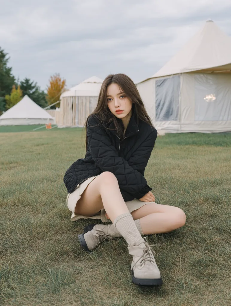 A young woman with long dark hair sits on a grassy field, wearing a black quilted jacket, a beige skirt, and beige ankle boots with socks.  She gazes directly at the camera.  Several white tents are visible in the background, suggesting a camping or glamping setting. The overall mood is serene and stylish.