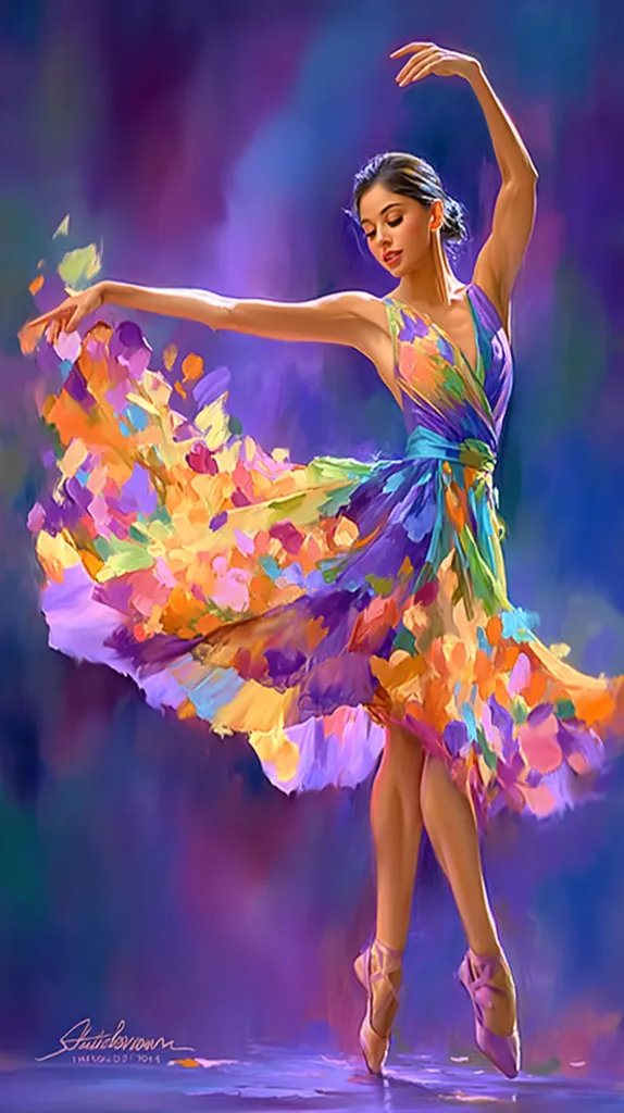 A vibrant painting depicts a ballerina in a colorful, flowing dress.  The dress explodes with hues of purple, orange, yellow, and pink, mirroring the energy of her pose.  Her arms are elegantly extended, showcasing grace and fluidity.  The background is a rich purple, contrasting beautifully with the bright dress. The overall style is impressionistic, emphasizing movement and emotion.