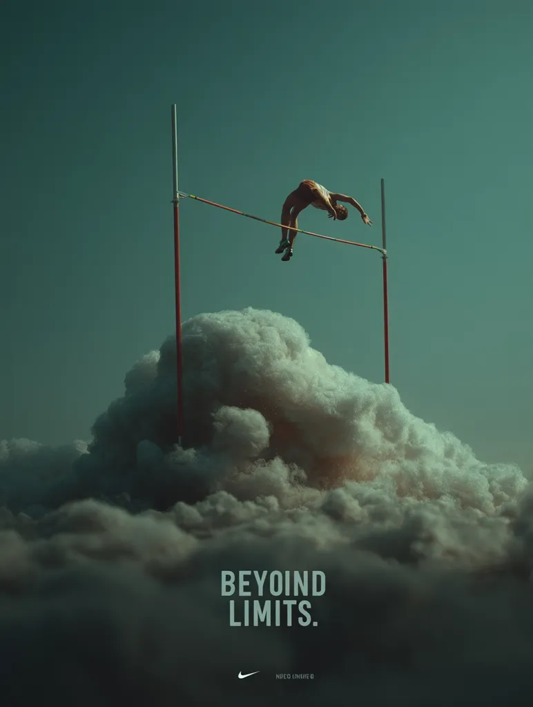 A pole vaulter, silhouetted against a moody, teal sky, leaps over a high bar that seemingly pierces a massive cloud formation.  The image is dramatic and surreal, conveying a sense of overcoming limitations. The words "BEYOND LIMITS" are prominently displayed below, emphasizing the athletic feat and Nike's brand messaging.  The overall aesthetic is dark, atmospheric, and inspirational.