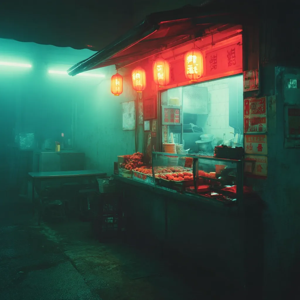 A dimly lit, atmospheric night scene shows a small food stall bathed in teal and red light.  Red lanterns hang above the stall, which displays various foods, possibly fruits and pastries.  A misty fog hangs in the air, adding to the mysterious ambiance.  A simple table and chairs sit nearby in the empty, wet street.  The scene evokes a feeling of quiet solitude in a bustling Asian city.