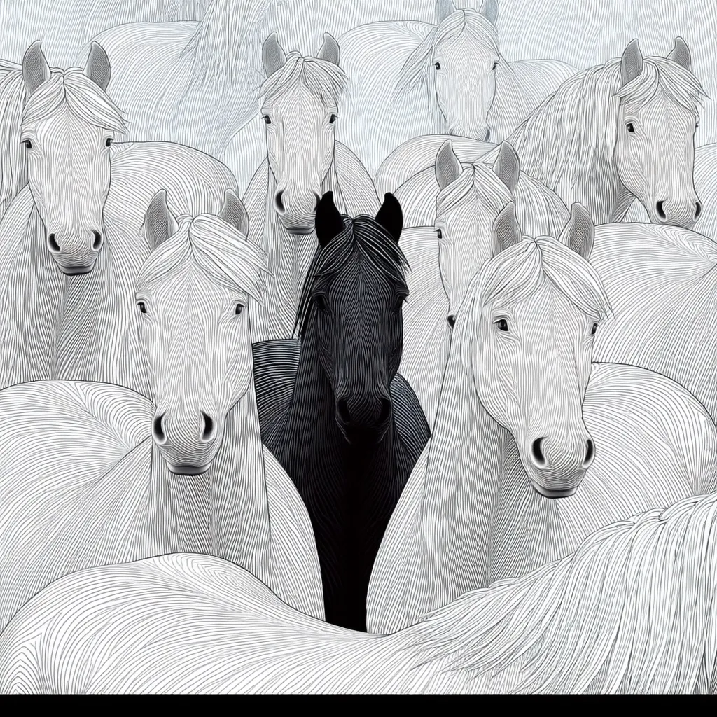 A black horse stands out amongst a herd of white horses.  The image is rendered in black and white, with the horses depicted in a stylized, line-drawn style that emphasizes their flowing manes and coats.  The contrast between the single black horse and the numerous white ones creates a striking visual effect, suggesting themes of individuality, difference, or standing out from the crowd.