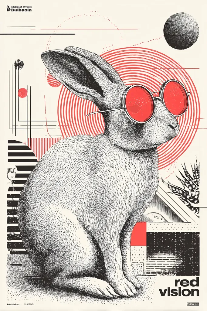A stylized illustration features a rabbit wearing oversized, red circular glasses.  The image is set against a background of geometric shapes and swirling red circles, with a black sphere subtly present in the upper right corner. The overall style is a blend of graphic design and detailed pen-and-ink drawing. The words "red vision" are prominently displayed at the bottom. The artwork suggests a theme of modern art or graphic design.
