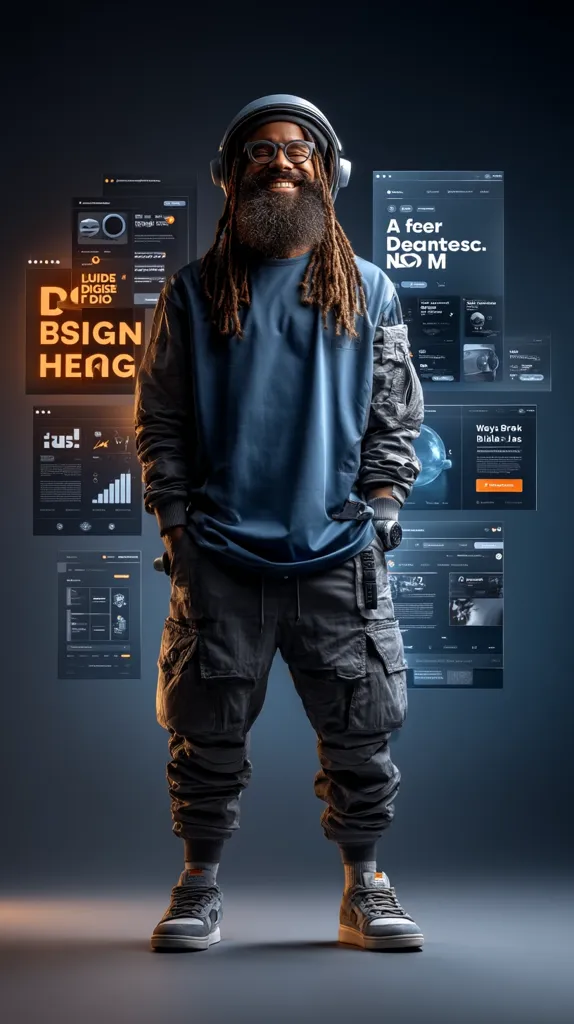 A man with long dreadlocks and headphones stands confidently before a futuristic interface.  Holographic displays surround him, showcasing design elements and data visualizations. He wears a dark blue sweatshirt, cargo pants, and grey sneakers.  The overall aesthetic is modern and technological, highlighting a blend of music production and design. The image suggests innovation and creative work.
