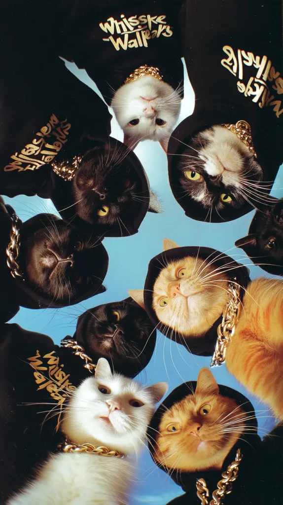 A group of cats, dressed in black hoodies and adorned with gold chains, look down at the camera.  The cats are various colors, including black, white, orange, and calico.  The hoodies feature the phrase "Wisske Wallpars" in stylized lettering. The image is shot from a low angle, creating a playful and humorous effect.  The background is a clear blue sky.