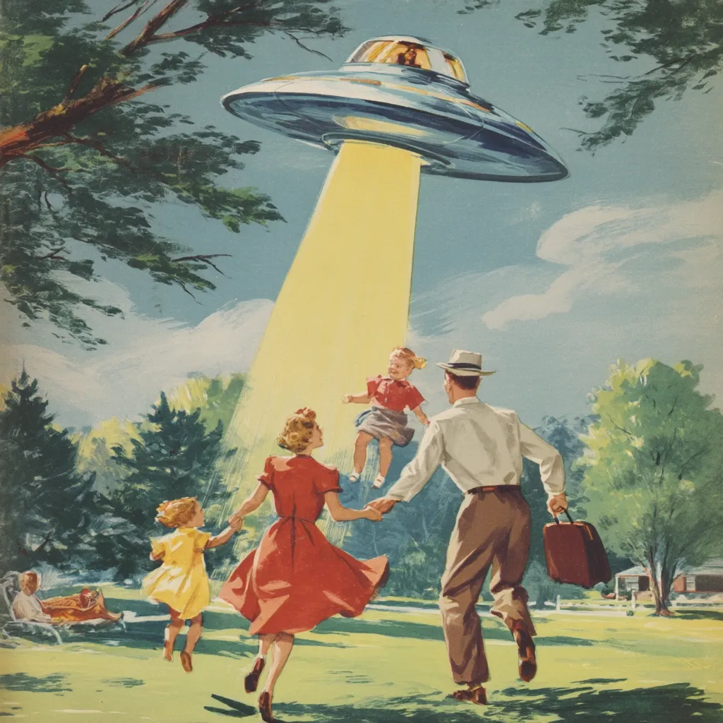 A mid-century modern illustration depicts a family of four in a grassy park. A flying saucer hovers overhead, emitting a bright beam of light. The parents, dressed in period attire, hold hands with their two young children, who appear joyful and unafraid. The scene suggests a peaceful, curious encounter with extraterrestrial life, reflecting the optimism and fascination with space travel prevalent in the era.  The style is reminiscent of vintage science fiction illustrations.