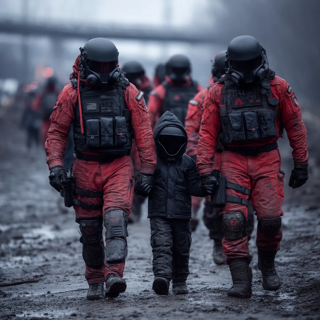 A young child, dressed in dark clothing and a helmet, walks hand-in-hand with two figures in red tactical gear and gas masks.  The figures, part of a larger group, are heavily armed and move through a muddy, post-apocalyptic landscape. The scene suggests a dystopian future, with the child's vulnerability contrasting sharply with the armed escort's protective presence. The overall mood is somber and slightly ominous.