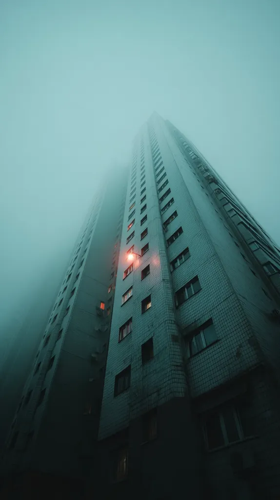 A tall, imposing apartment building rises into a thick, swirling fog.  The building's facade is a muted teal, its many windows dark and indistinct except for one glowing light, creating a stark contrast against the gloomy atmosphere. The low angle shot emphasizes the building's height and the oppressive feeling of the fog. The scene evokes a sense of mystery and isolation.
