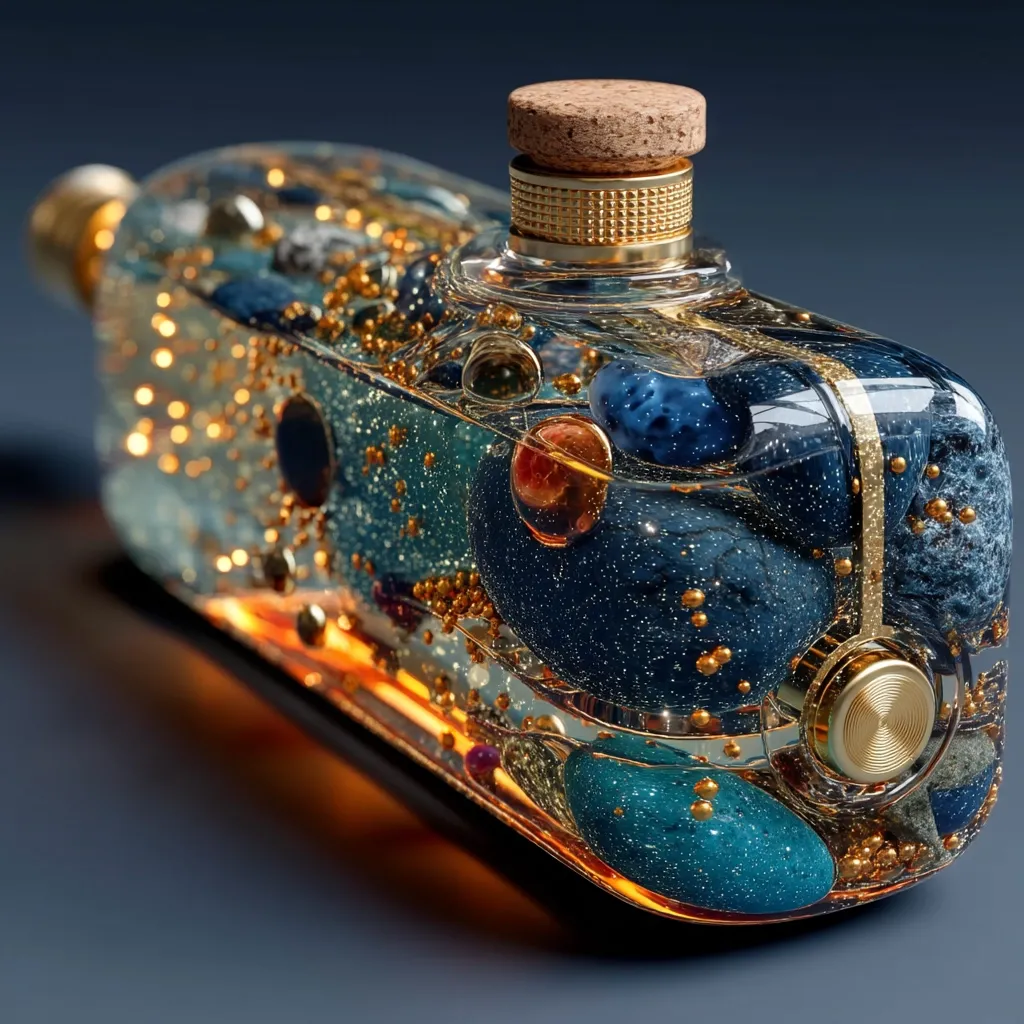 A glass bottle, resembling a miniature submarine, is filled with a mesmerizing blend of teal and dark blue stones, interspersed with golden flecks.  The cork stopper and gold accents add a touch of elegance.  Internal lighting illuminates the contents, creating a sparkling, otherworldly effect. The bottle rests on a dark surface, showcasing its intricate detail.