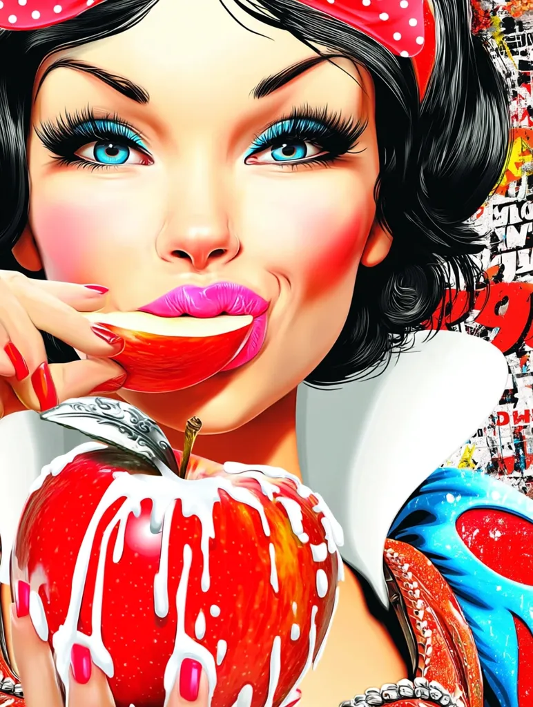 A stylized portrait of Snow White, depicted with vibrant makeup and exaggerated features. She playfully bites into a glistening, red apple dripping with white substance, contrasting her classic fairytale persona with a modern, edgy aesthetic. The background hints at a graffiti-style urban backdrop, adding to the image's unique blend of classic and contemporary elements.  Her expression is alluring and slightly mischievous.