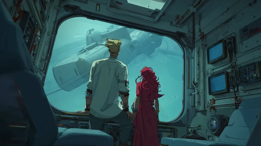 A man and woman stand in a futuristic spaceship, gazing out a large viewport at a submerged, damaged spacecraft.  The interior is detailed, showcasing exposed wiring and technological equipment. The underwater scene is muted teal, contrasting with the warm tones of the characters' clothing.  The overall mood is one of contemplation and perhaps, mystery.