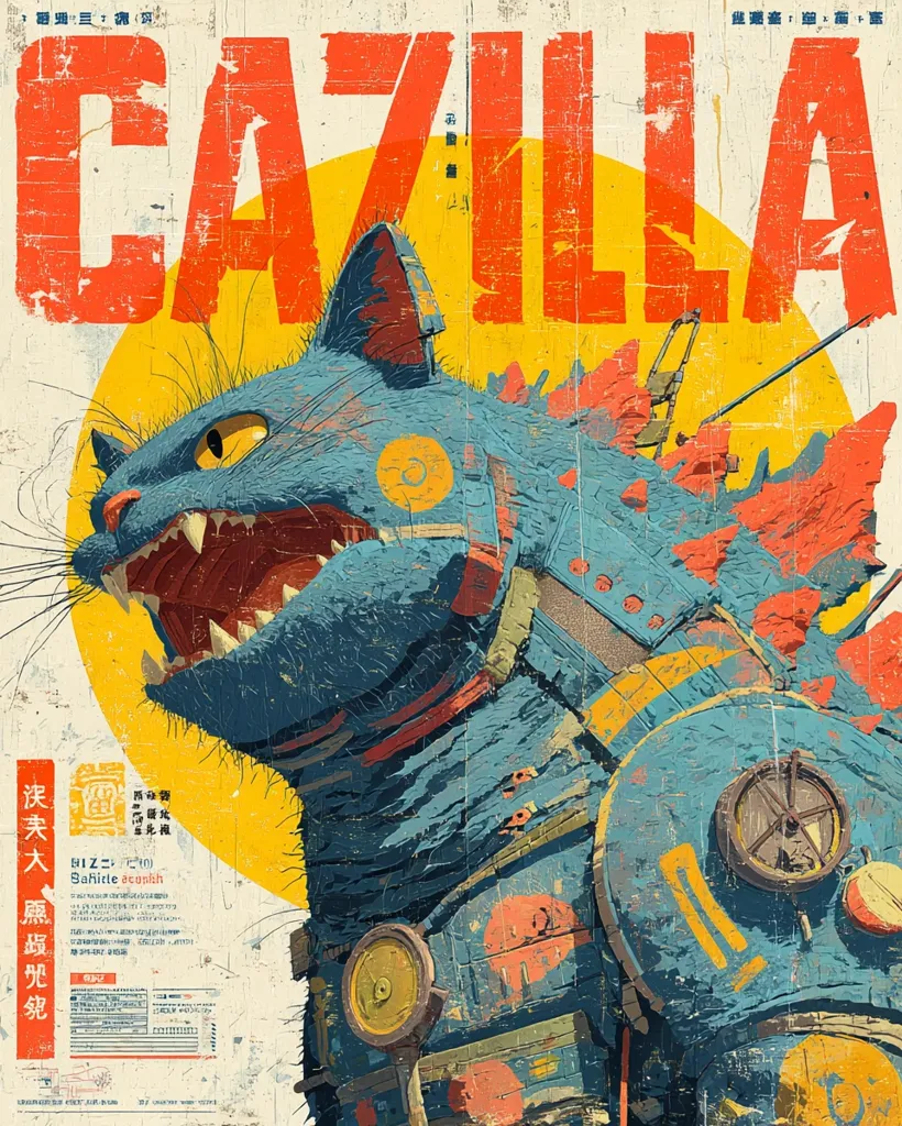 A stylized poster depicts a cat-like creature, reminiscent of Godzilla, with a textured, distressed aesthetic.  The title "CAZILLA" is prominently displayed in bold, orange lettering against a yellow sunburst background. The creature is rendered in shades of blue, orange, and yellow, showcasing a mechanical, armored body.  Japanese text is interspersed with the design, adding to its artistic and cultural context. The overall style is a blend of retro and futuristic elements.