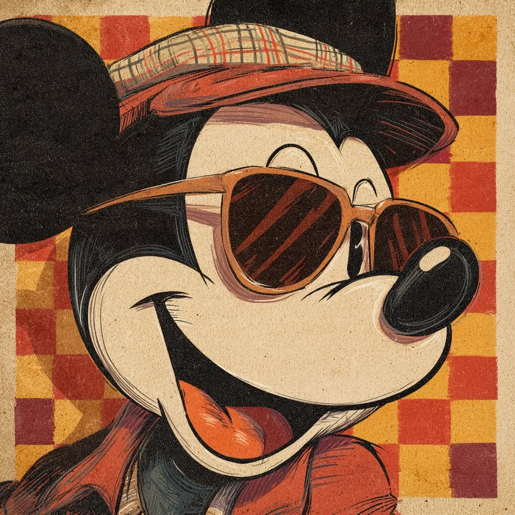 A stylized illustration of Mickey Mouse, rendered in a vintage aesthetic. He's sporting a plaid newsboy cap, brown sunglasses, and a red jacket, set against a retro checkered background.  The art style utilizes textured lines and muted earth tones, giving it a nostalgic feel reminiscent of classic cartoons. Mickey's expression is cheerful and playful, capturing a sense of carefree fun.