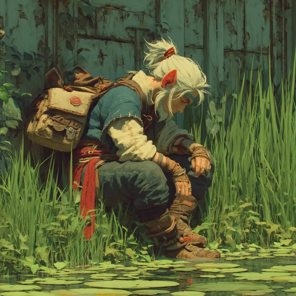 A young, elf-like traveler with white hair tied back in a ponytail sits pensively by a pond.  He's dressed in worn, patched clothing and carries a large, well-used backpack.  Tall grass surrounds him, partially obscuring his boots.  The setting appears rustic, with an aged wooden fence in the background, suggesting a journey's pause in a tranquil, natural environment.  The overall mood is contemplative and peaceful.