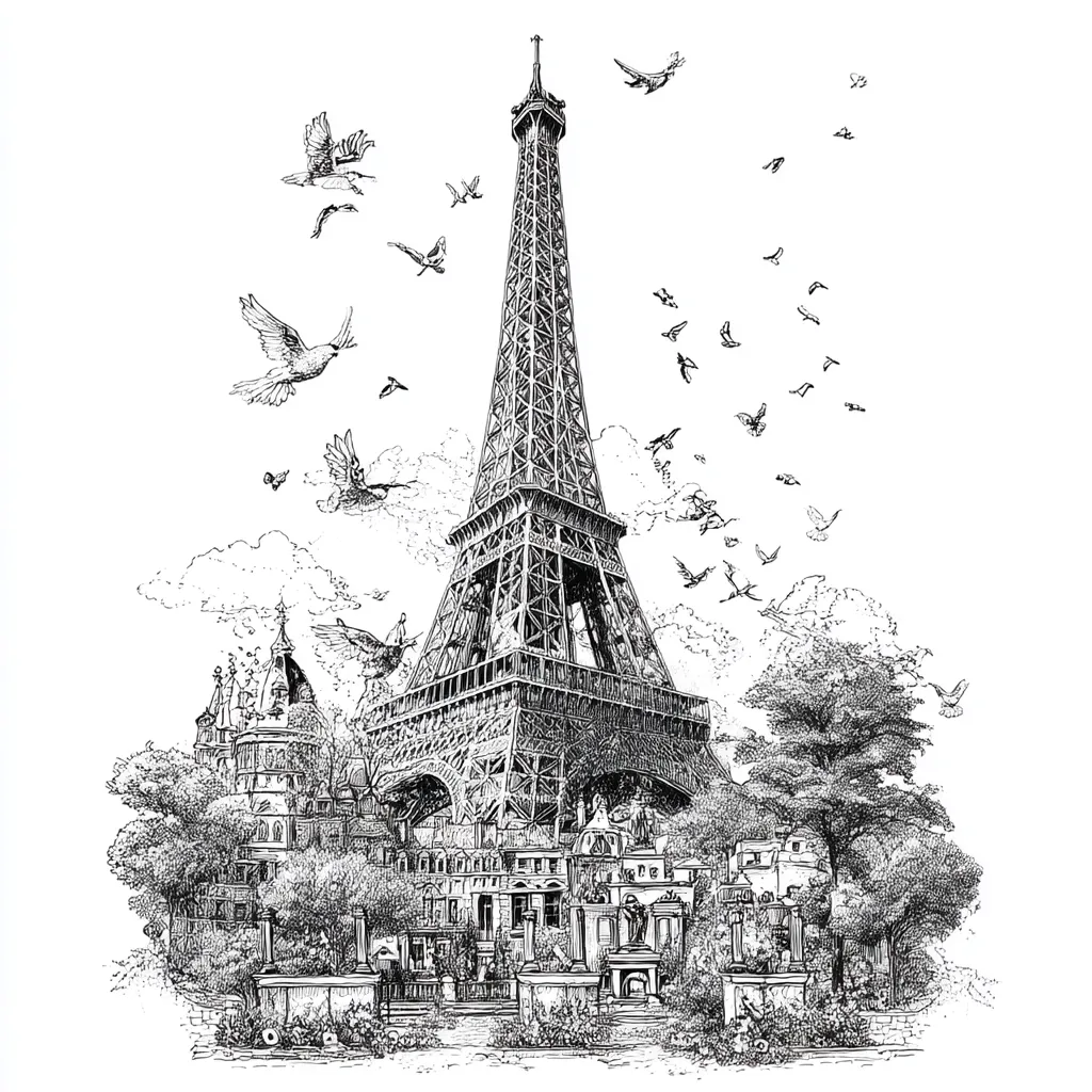 A detailed black and white ink drawing depicts the Eiffel Tower in Paris.  Numerous birds fly around the iconic structure, adding a sense of movement and life to the scene.  The base of the tower is partially obscured by lush greenery and surrounding Parisian buildings, creating a picturesque and romantic Parisian vista. The style is reminiscent of vintage illustrations or etchings.