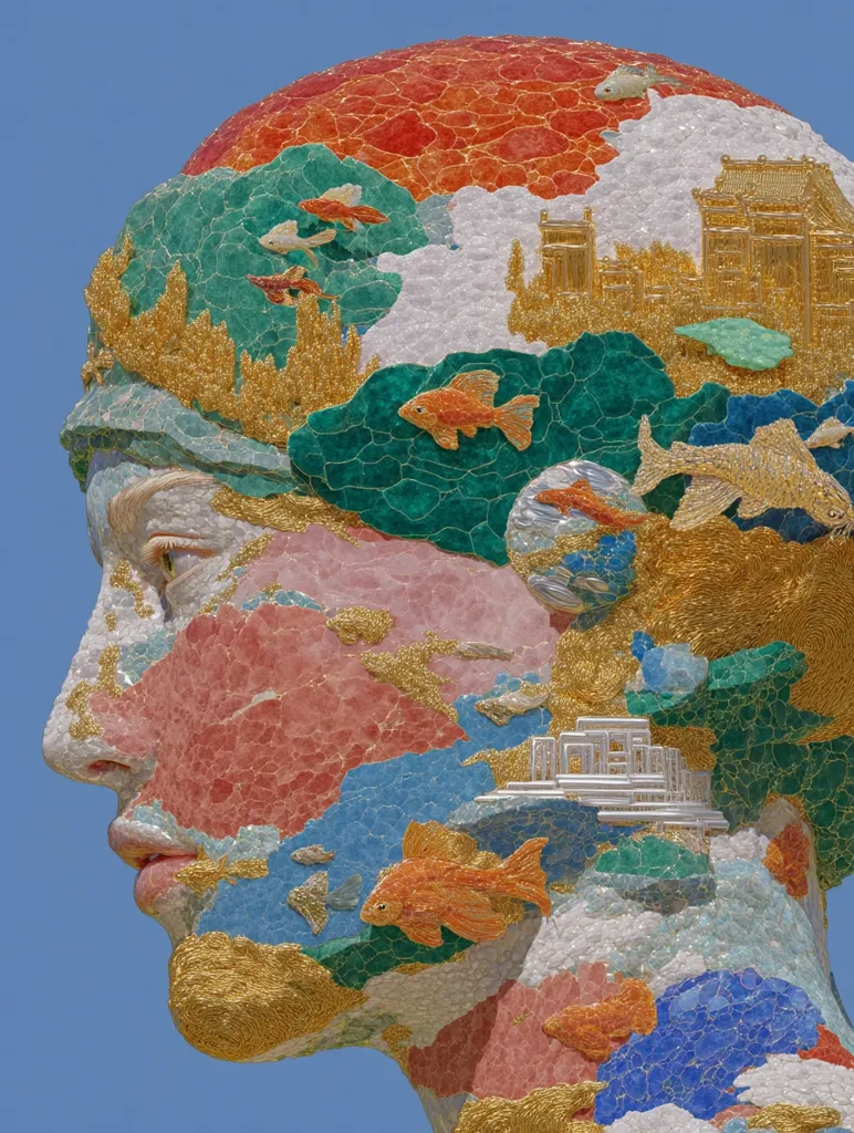 A profile view of a mosaic sculpture resembling a human head. The head is adorned with a vibrant array of colored stones, forming landscapes, buildings, and goldfish.  The colors are predominantly reds, pinks, blues, greens, and golds, creating a textured and visually rich surface.  The style is intricate and detailed, reminiscent of ancient mosaics but with a modern artistic flair. The background is a clear, bright blue sky.