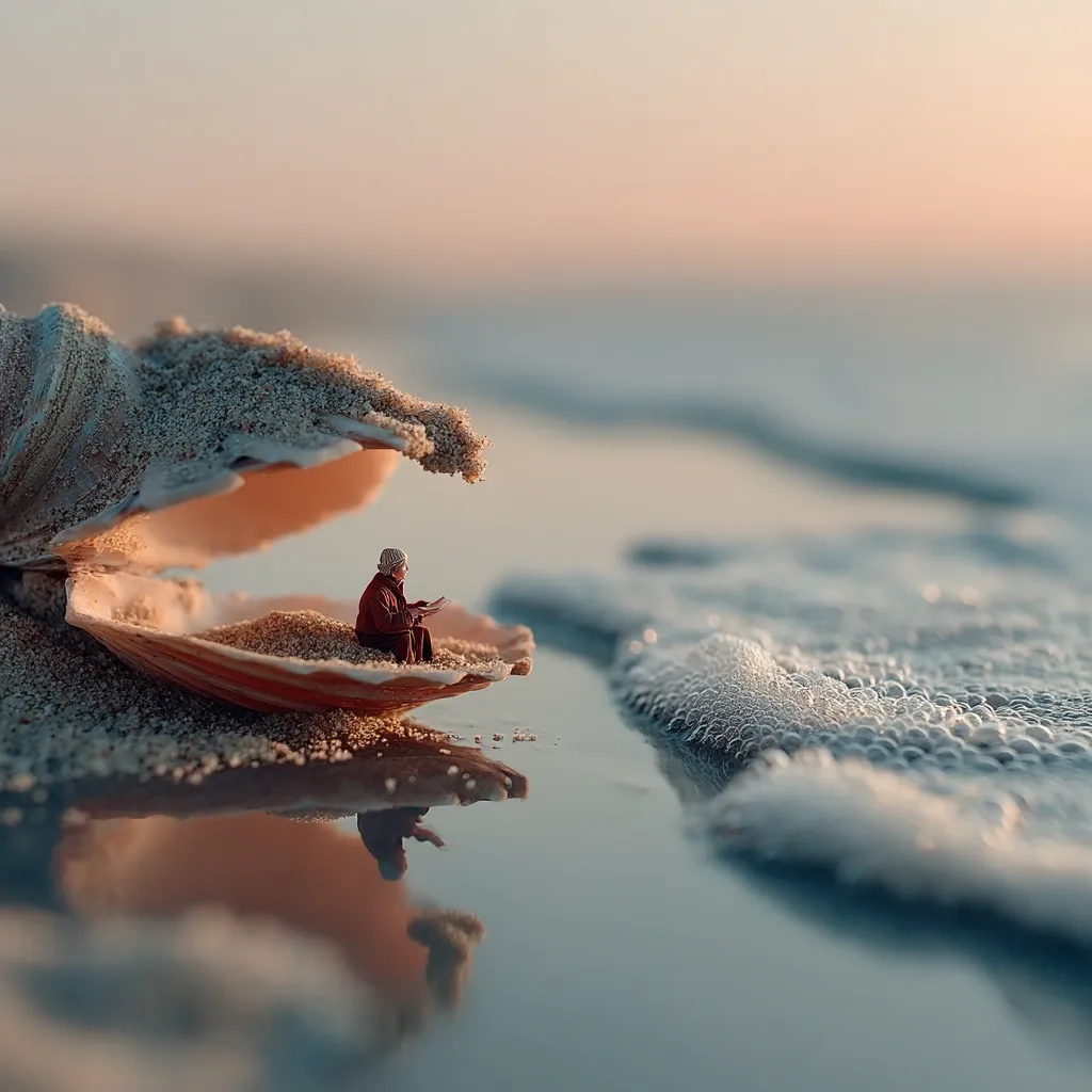 A miniature figure sits within a large seashell nestled on a sandy beach.  The shell provides shelter, partially filled with sand. Gentle waves lap at the shore nearby, creating a serene and peaceful scene. The setting sun casts a warm glow, enhancing the tranquil ambiance of the miniature world.  The image evokes feelings of solitude and contemplation.