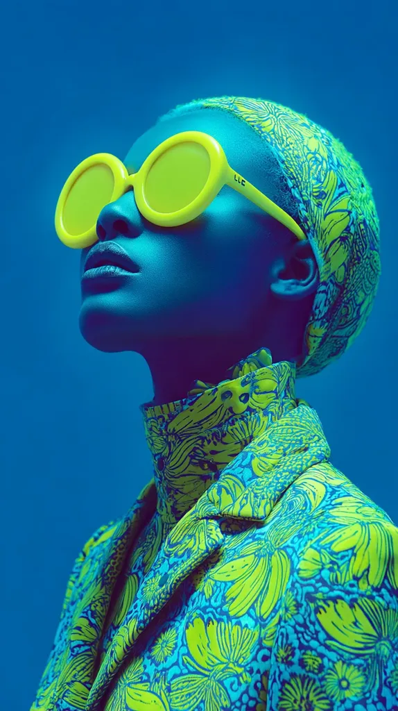 A vibrant fashion portrait showcases a model wearing a lime green floral patterned coat and matching headband.  Large, bright yellow circular sunglasses add to the bold, retro aesthetic.  The model's face is dramatically lit against a deep blue backdrop, creating a striking contrast of color and emphasizing the bold style. The image is a study in vivid hues and graphic design.