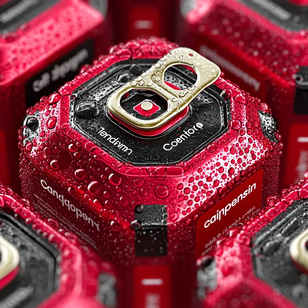 Close-up view of several red cans covered in condensation.  The cans feature a unique hexagonal design with a prominent gold pull-tab.  Text is visible, including "Coentor" and "cainpensin," suggesting branding. The image emphasizes the wet, chilled nature of the beverage. The overall aesthetic is modern and sleek.