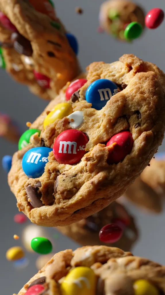 A delicious-looking M&M's cookie is captured mid-air, showcasing its golden-brown crust and vibrant, colorful M&M's candies embedded throughout.  Other cookies and individual candies are blurred in the background, suggesting movement and a playful, sweet atmosphere. The image is sharply focused on the central cookie, highlighting its texture and the rich blend of chocolate and candy.