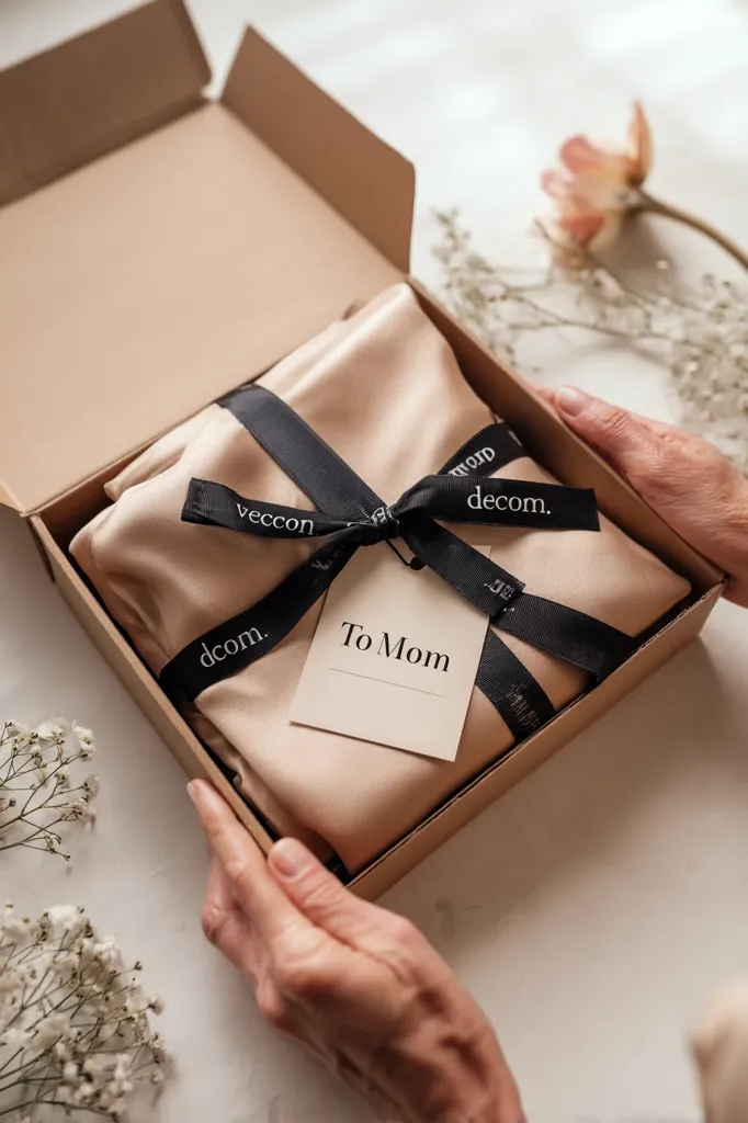 A beige silk item is beautifully presented in a kraft cardboard gift box.  A black ribbon with the "veecon decom." logo is tied around it.  A small tag reads "To Mom".  The hands of someone opening the gift are visible.  Delicate white flowers are scattered on the surface nearby. The overall aesthetic is elegant and minimalist.