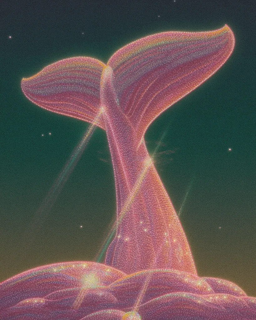 A mesmerizing illustration depicts a whale's tail emerging from the ocean, rendered in shimmering, pastel hues.  The tail, textured like iridescent glitter, arcs gracefully against a dark, starry backdrop.  Streaks of light emanate from the whale, creating a magical, ethereal atmosphere. The overall style is dreamlike and whimsical.