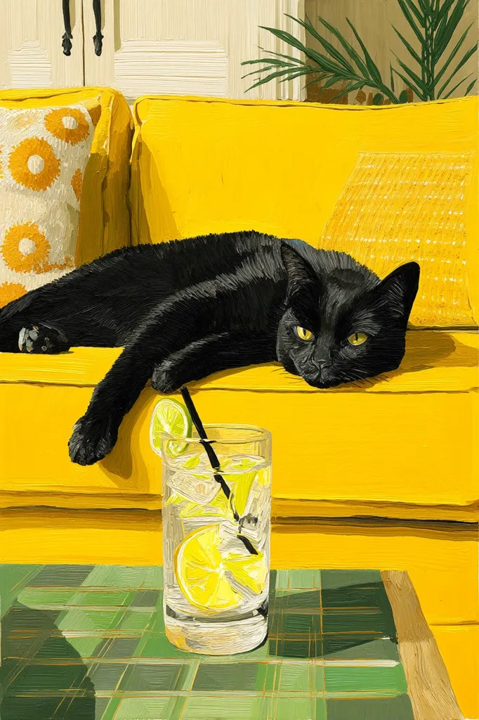 A black cat lounges languidly on a vibrant yellow couch, its sleek form draped across the cushions.  A glass of lemonade with ice and lime wedges sits on a green and brown plaid table beside the couch.  The scene is bathed in sunlight, highlighting the bold colors and creating a cheerful, relaxed atmosphere. The overall style is reminiscent of a contemporary painting.