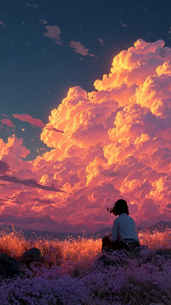 A lone figure sits amidst a field of purple wildflowers, gazing at a breathtaking sunset.  Enormous, vibrant orange and pink clouds dominate the sky, creating a dramatic and awe-inspiring scene. The setting sun casts a warm glow across the landscape, painting the distant hills in hues of orange and purple. The overall mood is serene and contemplative.