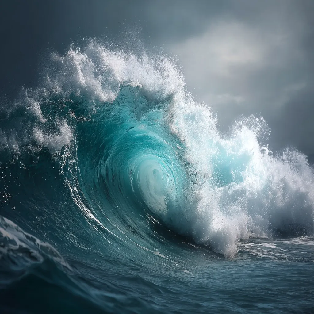 A majestic ocean wave curls, revealing a vibrant teal interior against a stormy gray sky.  White foam crests along its powerful arc, showcasing the raw energy and beauty of the sea. The contrast between the dark clouds and the bright, translucent water creates a dramatic and awe-inspiring scene.  The wave's hollow suggests immense power and a fleeting moment of natural wonder.