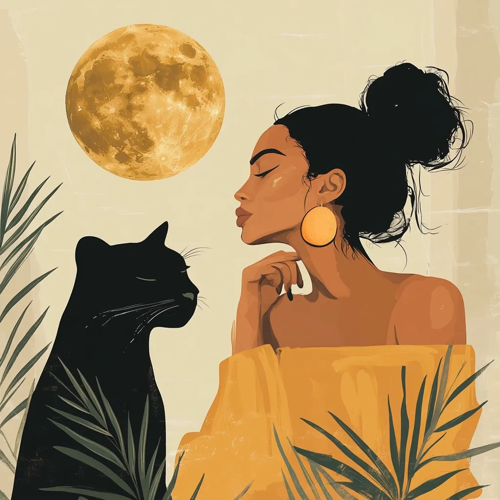 A stylized illustration features a dark-skinned woman with her eyes closed, wearing a mustard-yellow off-the-shoulder top and large golden earrings.  She's seated, hand to chin, gazing serenely at a black cat beside her. A large, golden full moon hangs in the background, partially obscured by tropical leaves surrounding the woman and cat. The overall aesthetic is calm and serene, evoking a sense of tranquility and mystery.
