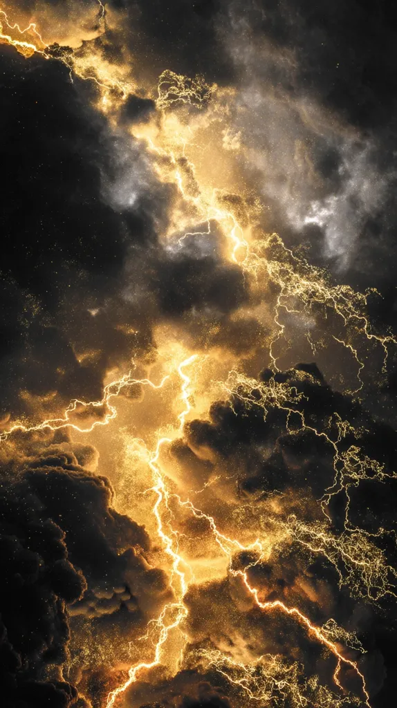A breathtaking image depicts a dramatic thunderstorm.  Golden lightning bolts, bright and intense, crackle through dark, swirling clouds.  The scene is filled with a sense of power and awe, the golden light contrasting sharply with the inky blackness of the storm.  The image appears to be digitally enhanced, showcasing the ethereal beauty of the electrical discharge.