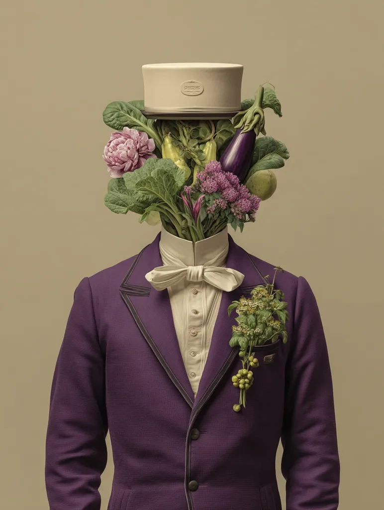 A surreal image depicts a headless figure in a purple suit and cream-colored bow tie.  Atop the suit is a beige hat, from which various vegetables and flowers sprout: eggplant, leafy greens, a peony, and other blooms. The composition creates a whimsical, almost unsettling, juxtaposition of formal attire and organic growth.  The overall effect is artistic and thought-provoking.