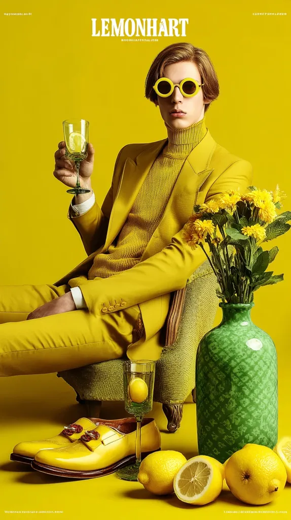 A male model, stylishly dressed in a vibrant yellow suit and matching yellow sunglasses, sits on a mustard-colored armchair. He holds a glass of lemon-infused beverage.  A green vase filled with yellow flowers sits beside him, along with a cluster of lemons on the floor. The overall aesthetic is bold and saturated in a monochrome yellow theme, creating a striking visual impact.