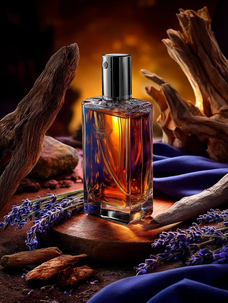 A bottle of amber-colored perfume sits on a dark wooden surface, illuminated by warm light.  Surrounding it are sprigs of lavender, pieces of dark wood, and a rich, dark blue fabric. The scene is styled with dramatic lighting and textured elements, suggesting a luxurious and sophisticated fragrance. The overall aesthetic is moody and evocative of natural scents.