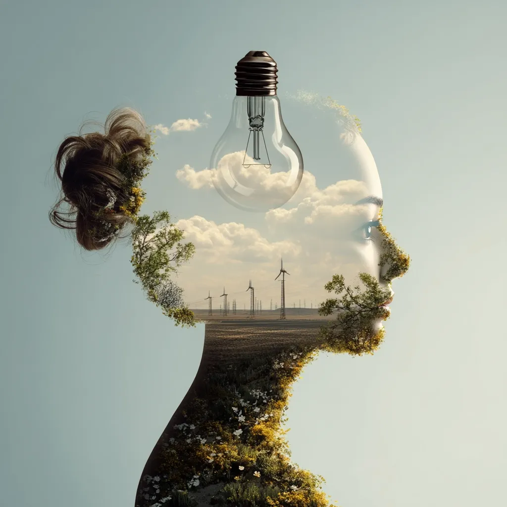 A woman's profile is depicted, her head filled with a landscape of wind turbines under a cloudy sky, signifying clean energy.  A lightbulb hovers above, representing a bright idea or innovation.  Nature intertwines with her form, suggesting a harmonious connection between humanity and the environment, fostering sustainable solutions for a greener future.  The image blends surrealism and environmentalism.